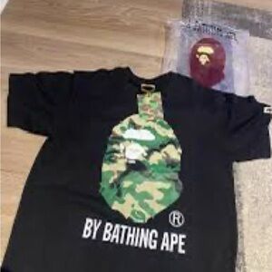 Bape Black Tee with Green Camo Ape Head